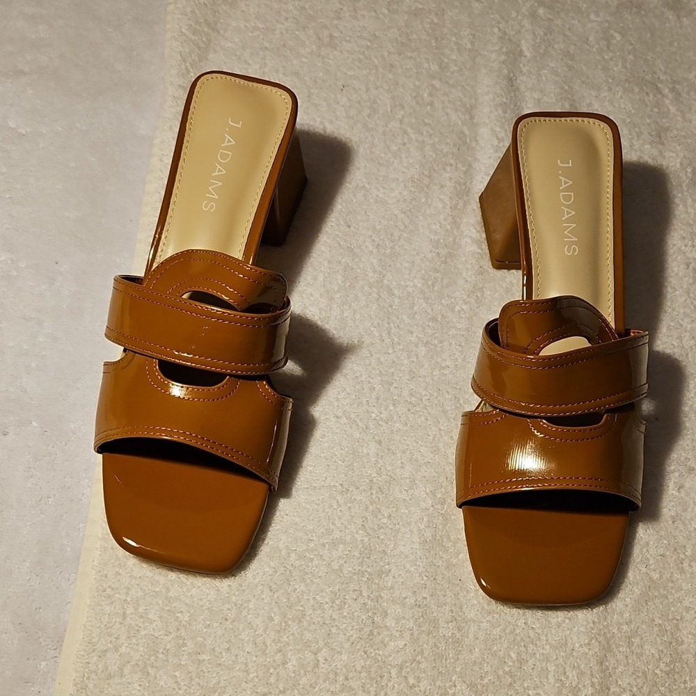 J. Adams Brown Patent Leather Strappy Block Heel Slide Sandals Women's 8.5
